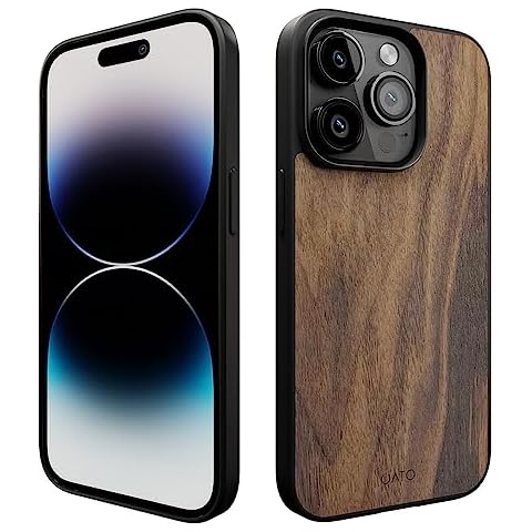 iATO Walnut Wood Magnetic Case Compatible with iPhone 14 Pro Max. Unique & Classy Shockproof Protective Cover. Compatible with MagSafe & Wireless Charging. Real Wooden Overlay on Soft Black TPU Cover