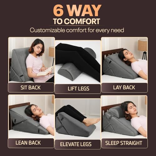 Image of Orthopedic Adjustable Wedge Pillow with Memory Foam & Headrest for Back Support, Leg Elevation, Acid Reflux, GERD, Snoring Relief - 7 Inclines - Soft Washable Cover - Grey (56 x 53 x 38 CM)
