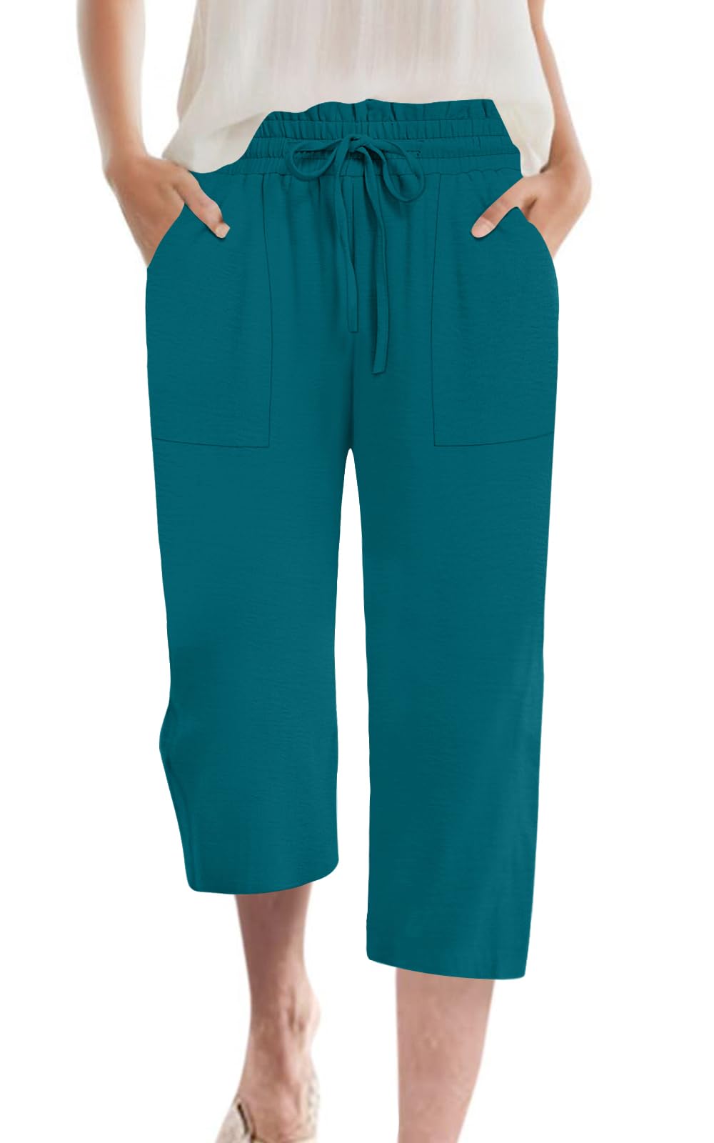 Womens Capri Pants Summer Wide Leg High Waisted Pants Drawstring Casual Trousers with Pockets Blue Green M