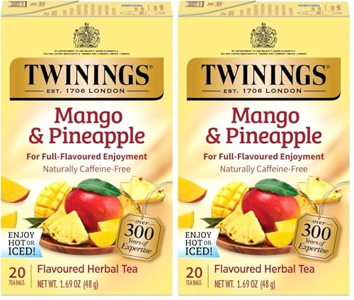 Twinings Mango &amp; Pineapple Herbal Tea Individually Wrapped Bags, Naturally Caffeine-Free, Enjoy Hot or Iced, 20 Teabags, 20 Count (Pack of 2)
