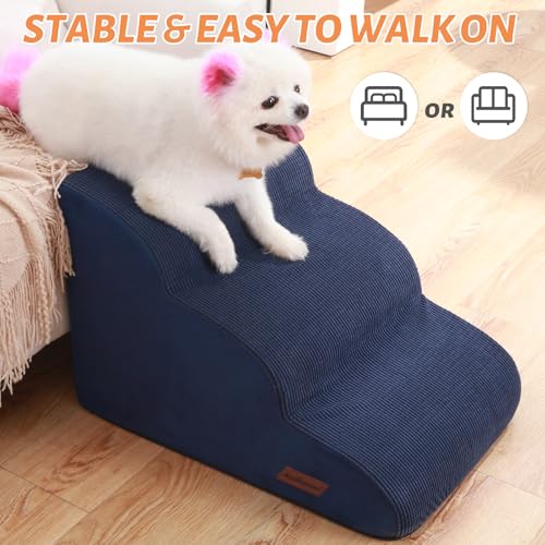 Image of Dog Stairs and Steps for Beds Or Couches, 3-Step Pet Stairs & Steps for Small Dogs and Cats, Soft and Non-Slip Dog Ramp for Older Dogs,Pet with Joint Pain,Easy to Walk | 15.7 inch H Non-Slip Sturdy Dog Steps with Curved Ramp for Senior,Short-Legged Dogs,Puppy and Cats to Reach Sofa or Chair,Blue