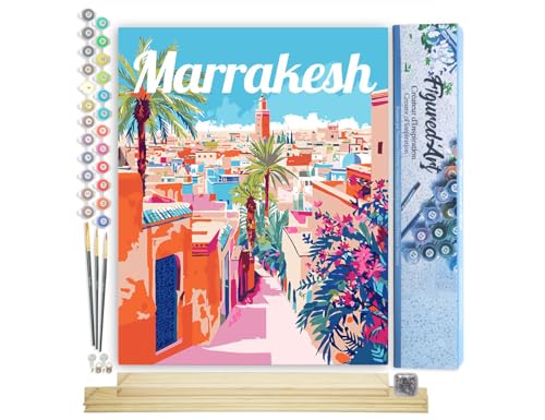 Figured'Art Pintar por Numeros Adultos Póster de Viaje Marrakech Marruecos - Manualidades pintura acrilica Kit Cuadro DIY completo - 40x50cm monta tu propio bastidor