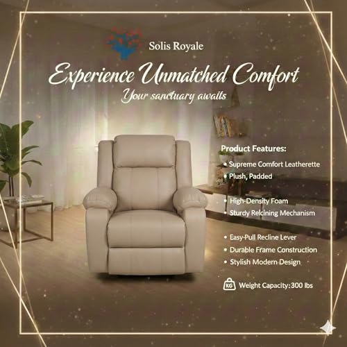 Image of Solis Royale 1 Seater Recliner Sofa Chair | Manual Recliner Lounge Sofa Chairs for Relaxing | Comfortable Cushioned | Living Room Bedroom Home, Office (Classy Calm - Beige, Classy Calm - Leatherette)