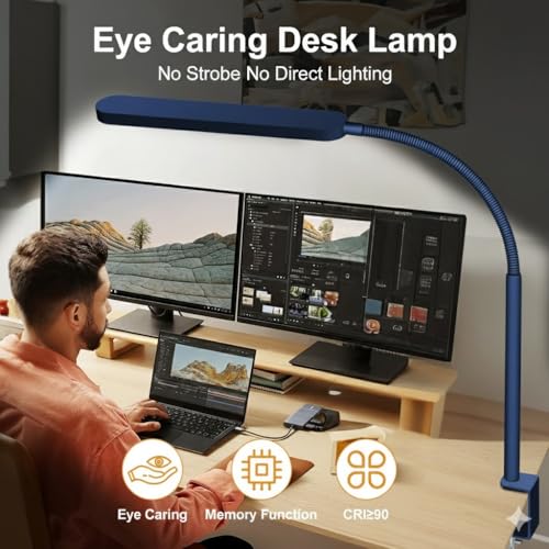 Image of SKYLEO LED Desk Lamp - Desk Light for Home Office - Flexible Gooseneck - 5 Color Modes X 11 Brightness Levels - 1300LM - Timmer & Memory Function - 12W Clip on Light - Blue
