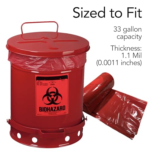 Image of RESILIA Biohazard Bags - Hazardous Waste Disposal, Meets DOT ASTM Standards for Hospital Use, OSHA Approved, Red, 33 Gallon, 29 inch W x 43 inch L, 1.1 Mil, 0.0011 Inch, 20 Bags, Made in the USA