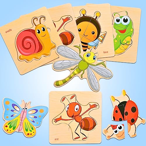 Image of Faburo Wooden Puzzles for Toddlers 1-3, 8pcs Shapes, Insect Animal Themed Montessori Toys for 1 Year Old Learning, Educational Preschool Toys for Boys Girls | Montessori Toys for 1 Year Old Learning, Educational Preschool Toys for Boys Girls