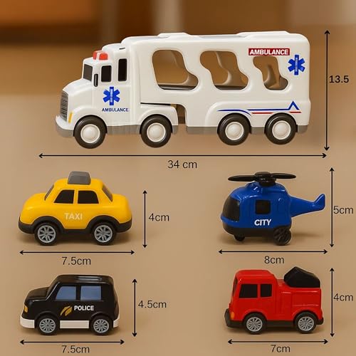 Image of GRAPHENE 5-in-1 Pull Back Friction-Powered Ambulance Vehicle Truck Toy Set with Light & Music Gift for Kids Boys Girls Ages 3 4 5 6 + Year Carrier Truck with Pull Back Cars Helicopter