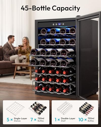 Image of EUHOMY 45 Bottle Wine Cooler Refrigerator, Wine Fridge with Stainless Steel Glass Door for Red, White and Champagne, Mini Fridge with Adjust Temperature for Home Kitchen Bar 4.5 Cu.Ft, Silver