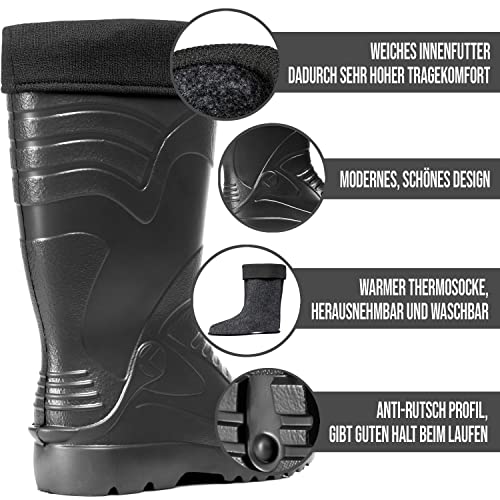 CLIMBR Ultraleichte gefütterte Gummistiefel Herren EVA Thermo 40-49 warme Winter Stiefel Arbeitsstiefel mit Futter Anglerstiefel (Schwarz, 44)