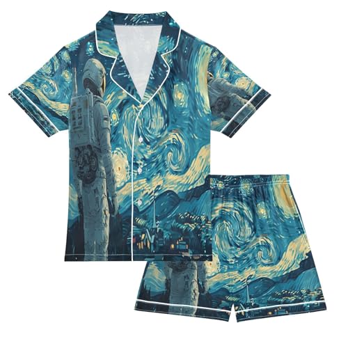 ALAZA Van Gogh Starry Night Astronaut Satin Pajamas Set Short Sleeve Button Down Sleepwear Summer Pjs 2 Piece