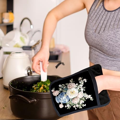 Maniques fleurs roses et blanches avec poches pour four et cuisson - 8