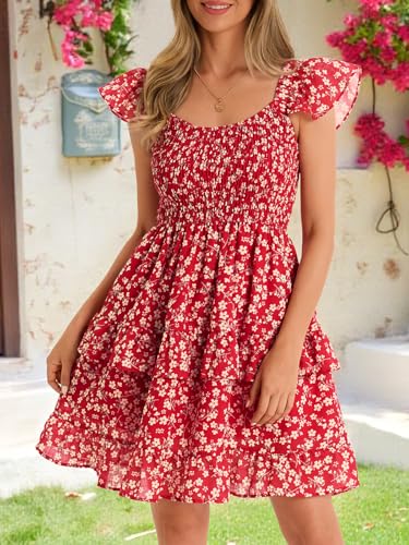 Image of Fessceruna Womens Summer Ruffle Dresses Elastic Empire Waist A-line Layered Swing Flowy Mini Dress