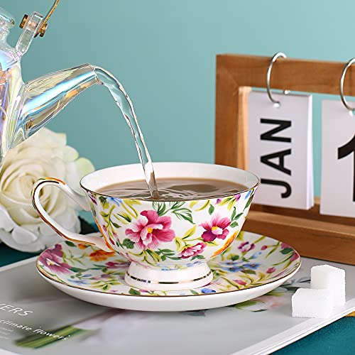 Pmning Tea Cup And Saucer Set Royal Garden Style Tea Coffee Cup With Saucer 7 Ounces Bone China Teacup And Saucer Set(White) #TOP4