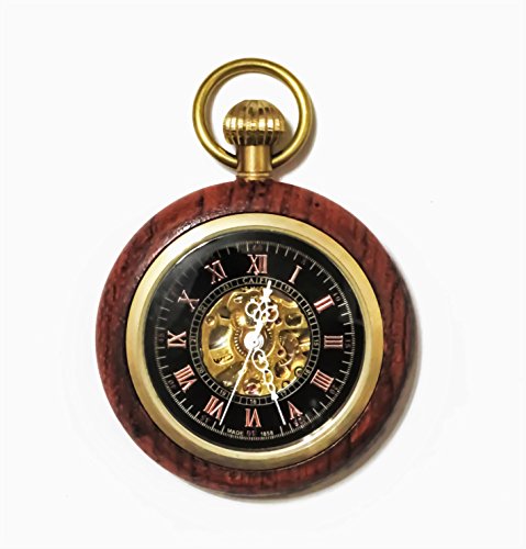 CaseCarnival Wooden Mechanical Steampunk Pocket Watch - Hollow Skeleton - Golden Open Face Fob Copper Pocketwatch