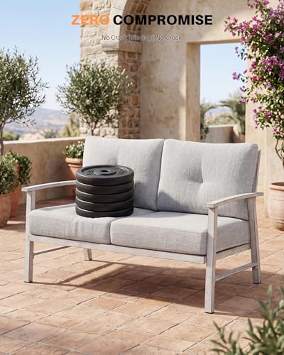 Image of Patio Furniture Loveseat Sofa, Outdoor Aluminum Patio Couch with 5.9'' Soft Cushion, All-Weather 2 Seats Outdoor Furniture Sofa Couch for Garden, Poolside, Lawn, White Oak