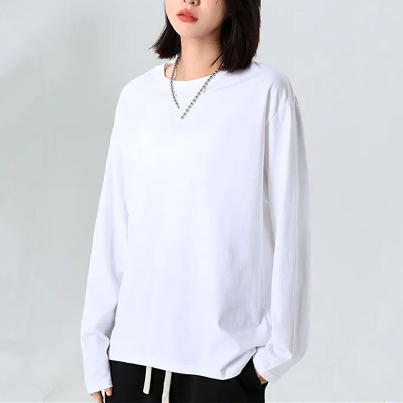 Camiseta de algodón de manga larga para mujer, camiseta grande, informal, básica, holgada, cuello redondo, para mujer