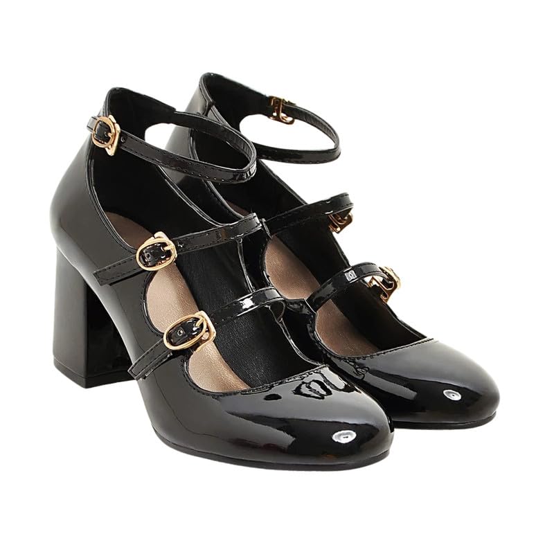Square Toe Buckle Strap Shoes For Women’s Thick Heel Leather Single Shoes-image-17