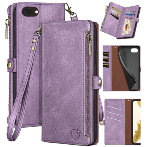 XcaseBar for iPhone SE 3rd/7/8 Wallet case with Zipper Credit Card Holder?RFID Blocking?, Flip Folio Book PU Leather Phone case Shockproof Cover Women Men for Apple SE case Lilac Purple