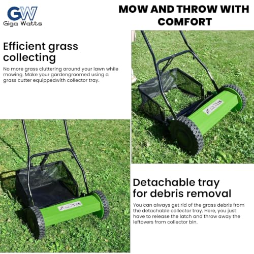Image of GIGAWATTS Manual Push Lawn Mower with 27L Grass Catcher & EVA Soft Handle 15-43mm Adjustable Height 16-Inches Reel Grass Cutter Trimming Machine for Home Garden, Lawn & Park