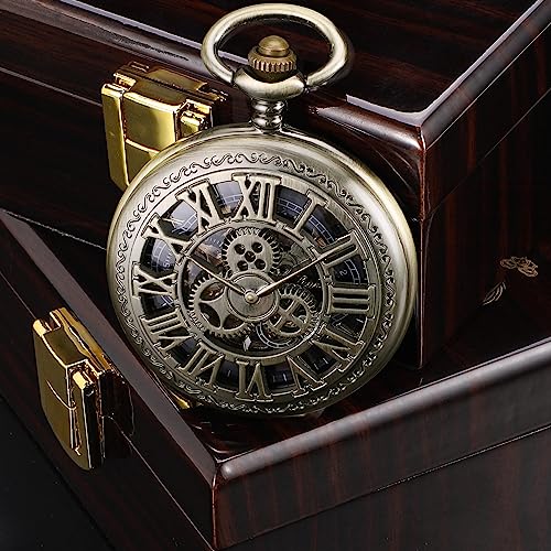 Image of SIBOSUN Pocket Watch Skeleton Mechanical Double Case Hand-Wind Bronze Roman Numerals Antique Chain Mens