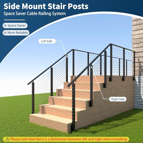 Image of 3 Pack Side Mount Stair Cable Railing Post 36 inch (Post Body 44 inch), Left Side Space-Saving Fascia Mount Deck Post for 36 inch-38 inch Stair Railing, Black Stair Handrail Post for Indoor Outdoor Stairway