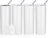 PYD Life 20oz Sublimation Skinny Tumblers White Straight Stainless Steel Blanks 4 Pack with Straw & Lid for DIY Heat Press Printing