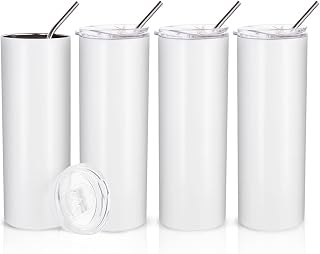 PYD Life 20oz White Straight Skinny Sublimation Tumblers 4-Pack - Stainless Steel Blanks with Lids & Straws for Heat Press