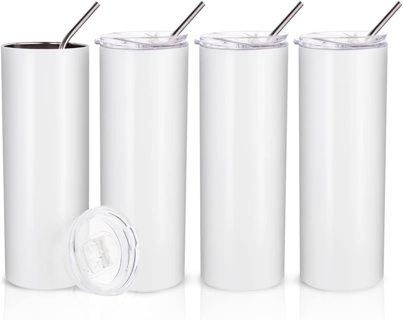 PYD Life Sublimation Blanks Skinny Tumbler White 20 OZ Straight Stainless Steel Tumbler with Metal Straw for Mug Tumbler Heat Press Machine Sublimation Printing 4 Pack