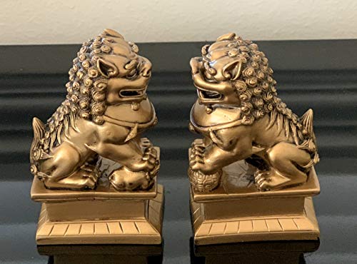Figura decorativa pareja de perros Foo de resina dorada miniatura 4