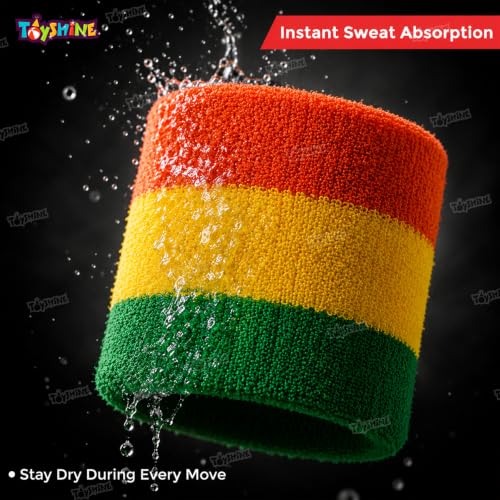Image of Toyshine Cotton 3 Pieces Sweatbands Set, Includes Sports Headband And Wrist Sweatbands Striped Sweat Band For Athletic Men And Women - Orange Yellow Green