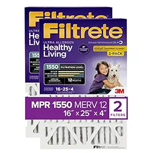 Filtrete Healthy Living Ultra Allergen Deep Pleat Filter, MPR 1550, 16-Inch x 25-Inch x 4-Inch (4 3/8-Inch Actual Depth), 2-Pack