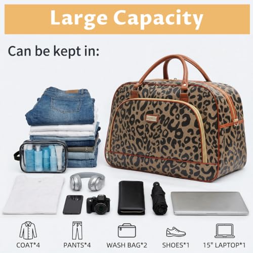 Image of PALAY Travel Duffle Bag for Men Women Leopard Printed PU Leather Carry On Overnight Tote Weekender Overnight Bag