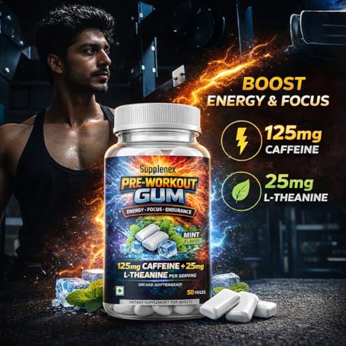 Image of Pre Workout Caffeine and L-Theanine Gum (25 Gums, Mint Flavour) | Pre-workout Supplement Supports to Improve Focus, Strength, Energy and Pump | Natural Caffeine and L-Theanine