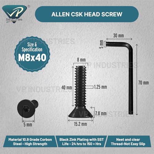 Image of Rely⇒VP INDUSTRIES (Pcs-15) M8X40 mm CSK Allen Head Screw High Tensile 10.9 Grad | Countersunk Allen Head Bolt with Allen Key 1 pc Free | Allen CSK Head Screw High Tensile Alloy Steel Black