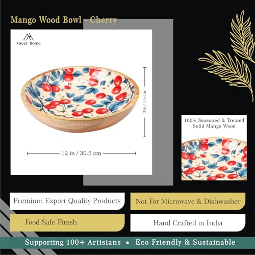 Image of Premium Wooden Bowl with Spoons -Cherry Design| Wooden Serving Bowl | Wooden Bowl | Wooden Sticker Bowl (12x12x3 Inch)