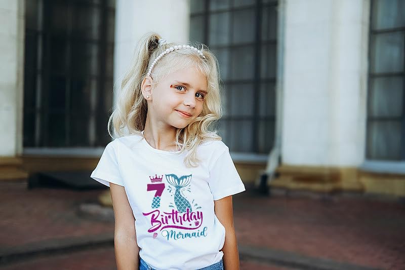 7th Birthday Shirt for Girls, Dress for Girls, T Shirt for 7 Year Old Gift Outfit, Decoration Mermaid Clothes White4