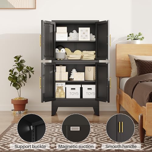 Image of 47 inch Black Metal Bathroom Storage Cabinet, Kitchen Pantry Cabinet | Steel Storage Cabinet with Doors and 3 Adjustable Shelves, Bathroom cabinets Organizer, for Home Office, Bedroom