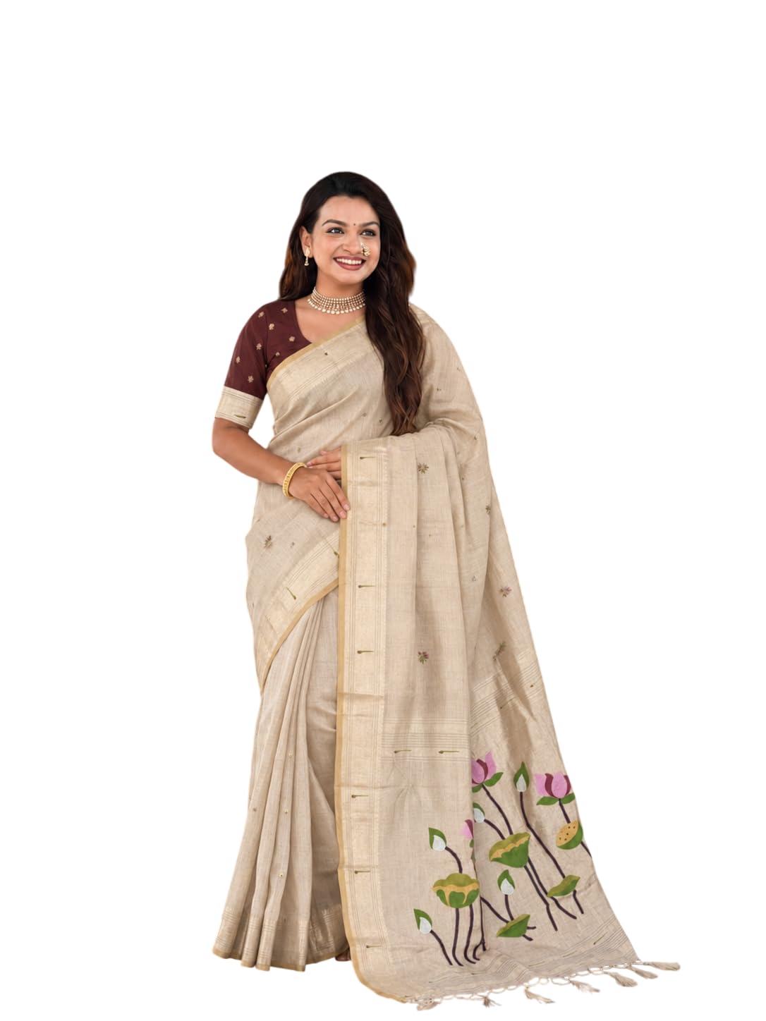 ALPHAFOX Elegant Cotton Saree with Handcrafted Lotus Floral Design | Soft Lightweight Traditional Saree for Women with Tassel Pallu with unstitched blouse piece-image-3