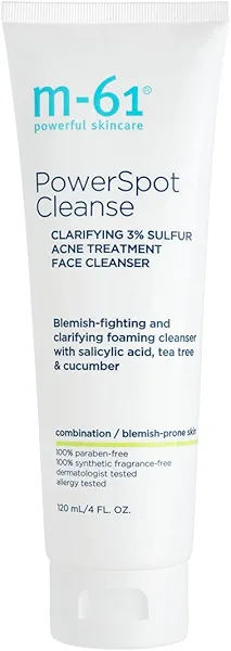 m-61 PowerSpot Cleanse | Clarifying Acne-Fighting Cleanser With 3% Sulfur, Glycolic and Salicylic Acid, Tea Tree, Witch Hazel. For Blemish-Prone Skin. Dermatologist and Allergy Tested, 4.0 Fl Oz