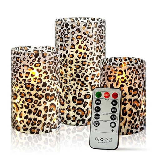 Image of Flickering Flameless Candles Leopard Print Embedded Star String Lights, Battery Operated Acrylic LED Pillar Candles with 11-Key Remote and Timer for Home Decoration, 3 Pack