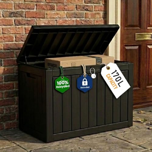 Olsen & Smith 170L Lockable Outdoor Garden Plastic Storage Box Container Chest - Small Lawn Balcony Furniture Weather Resistant Wood Panel Effect (Black)