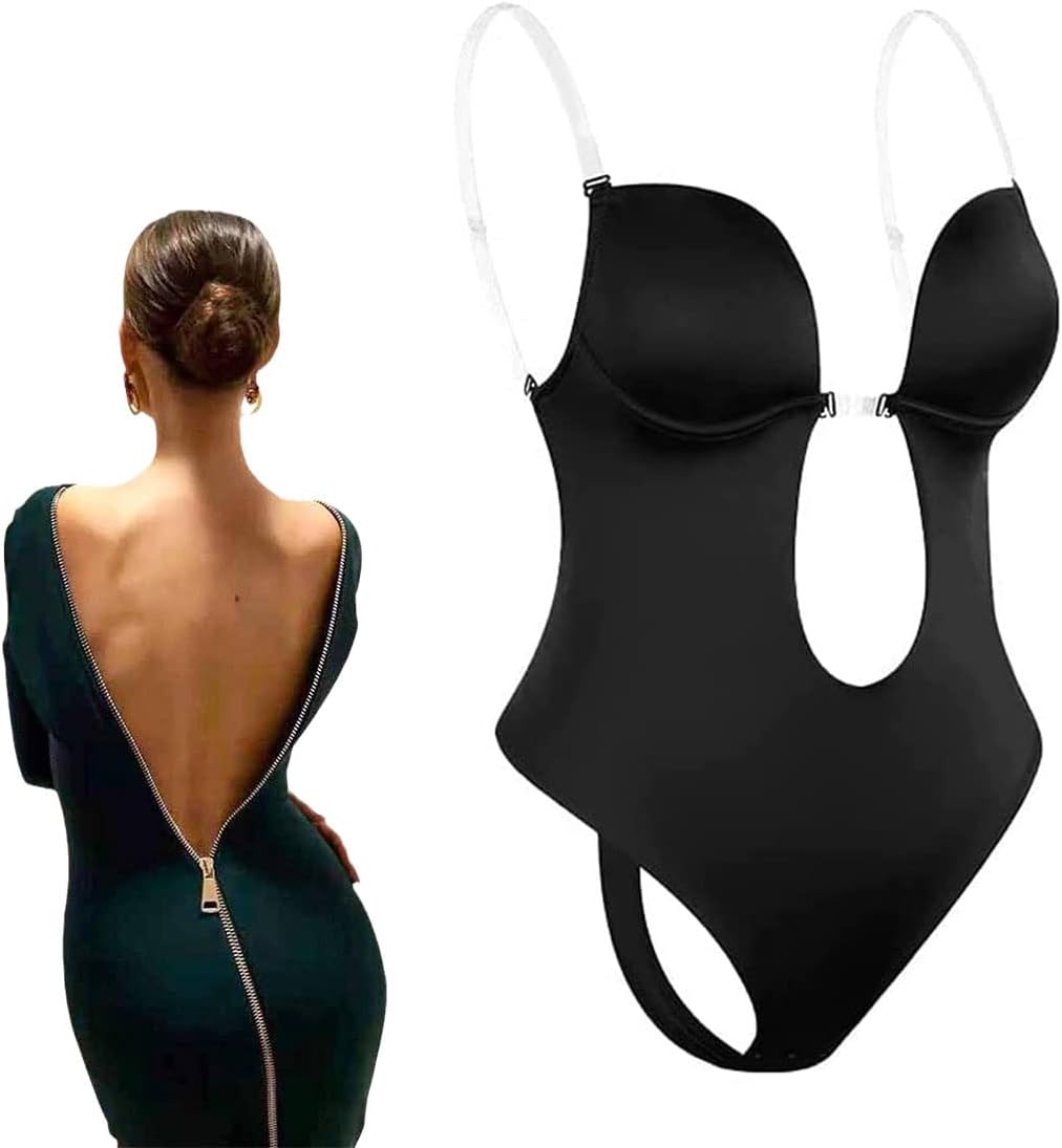 yingzi Backless Body Shaper Bra Plus Size, Shaper Deep U Bodysuit, Low Back Dress, Tummy Shaper for Casual Parties, Adjustable Transparent Straps