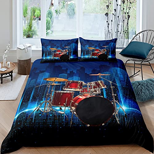 Drum Kit Set Comforter Cover Twin Size Rock Music Duvet Cover Set Red Drum Kit Set Bedding Set For Kids Boys Young Man Hip Hop Hippie Quilt Cover Music Instrument City Night View Bedspread Cover