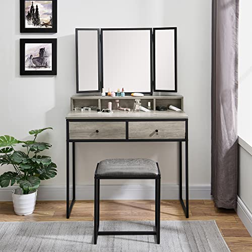 MODERION Vanity Table with Upholstered Stool Set, Dressing Table Desk with 2 Drawer,
