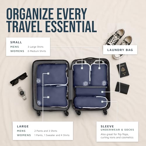 Image of Compression Packing Cubes Set for Carryon Suitcases- Lightweight, Durable Clothes Organizer, Nautical Navy (Navy Blue and White), 6 Piece