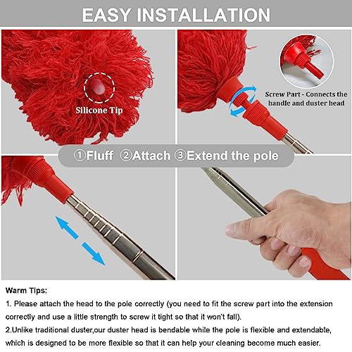 Image of DELUX Microfiber Feather Duster Extendable Cobweb Duster with 100 inches Extra Long Pole, Bendable Head & Scratch-Resistant Hat for Cleaning Ceiling Fan, High Ceiling, Blinds, Furniture & Cars Red