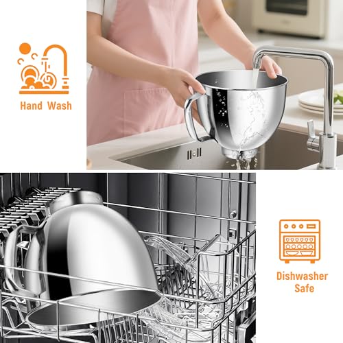 Image of 5 Quart Food Grade Stainless Steel Mixer Bowl, Compatible with KitchenAid 4.5 and 5 Qt Tilt-Head Stand Mixers, Suitable for K45SS, KSM75, KSM90, KSM100, Dishwasher Safe, Heavy Duty, No Residue