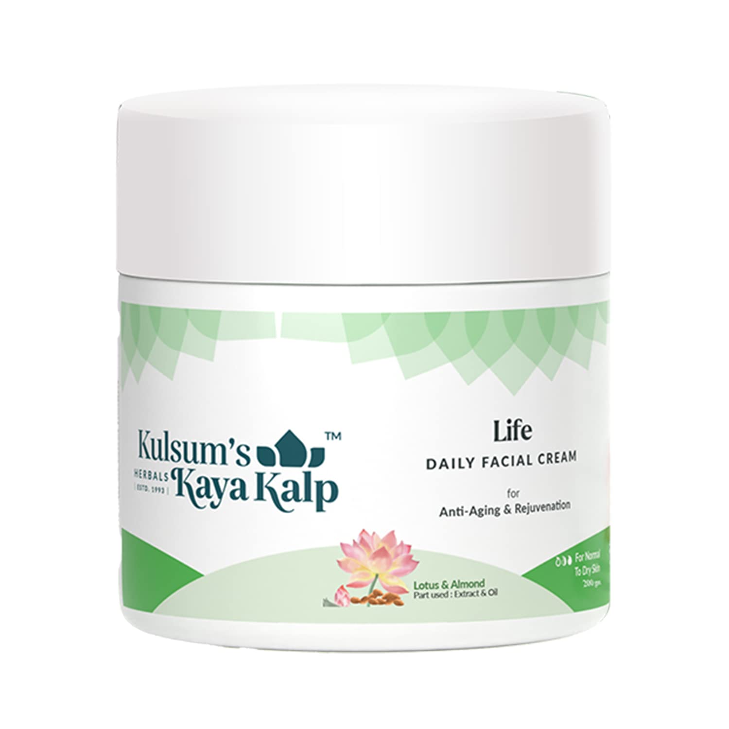 Kulsum's Kaya KalpHerbals Life Daily Facial Cream For Anti-Ageing & Rejuvenation | Ideal For Men & Women | With Lotus & Almond | For Normal To Dry Skin | 200gm