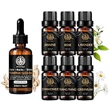 Aromatherapy Jasmine Essential Oil Set with Carrier Oil for Massage, Pumpkin Seed Essential Oil, 7x10ml Rose Essential Oils Set - Lavender, Geranium, Ylang Ylang, Chamomile Oils