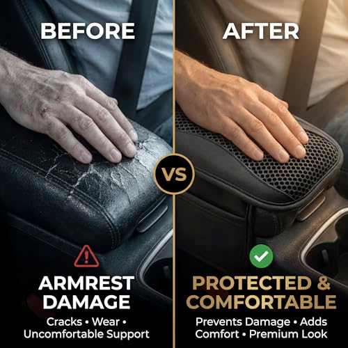 Image of DETACHI Car Center Console Armrest Cover Pad, PU Leather Mesh Armrest Cushion,Universal Fit for SUV /Truck /Car, Console Box Cover With 2 Mobile Pockets, Breathable Mesh Fabric Mat-(Black, 31X18X2CM)